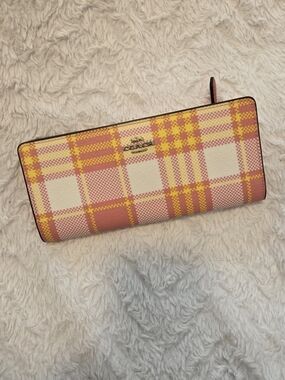 Coach Plaid Continental Zip Wallet in Pink, Yellow and Cream